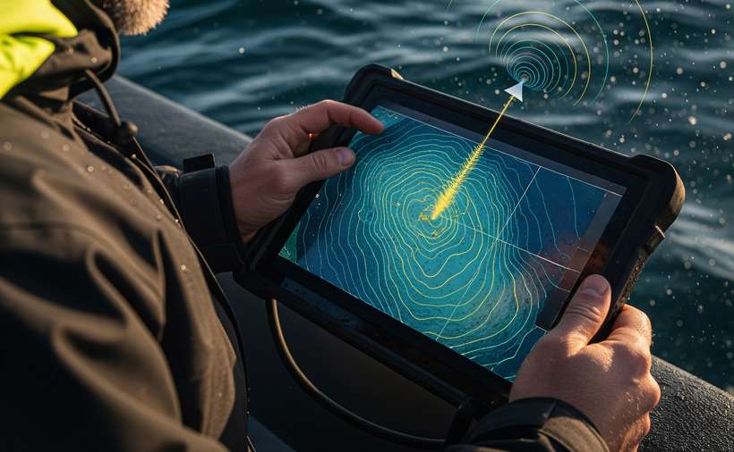 Close-up of engineer with planset with sonar of reconnaissance boat in action monitors data in real time which emits sound waves into seawater revealing contours of seabed, sea and ocean research