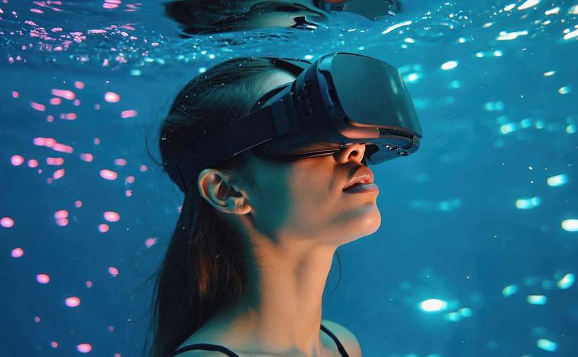 Woman wearing VR headset underwater