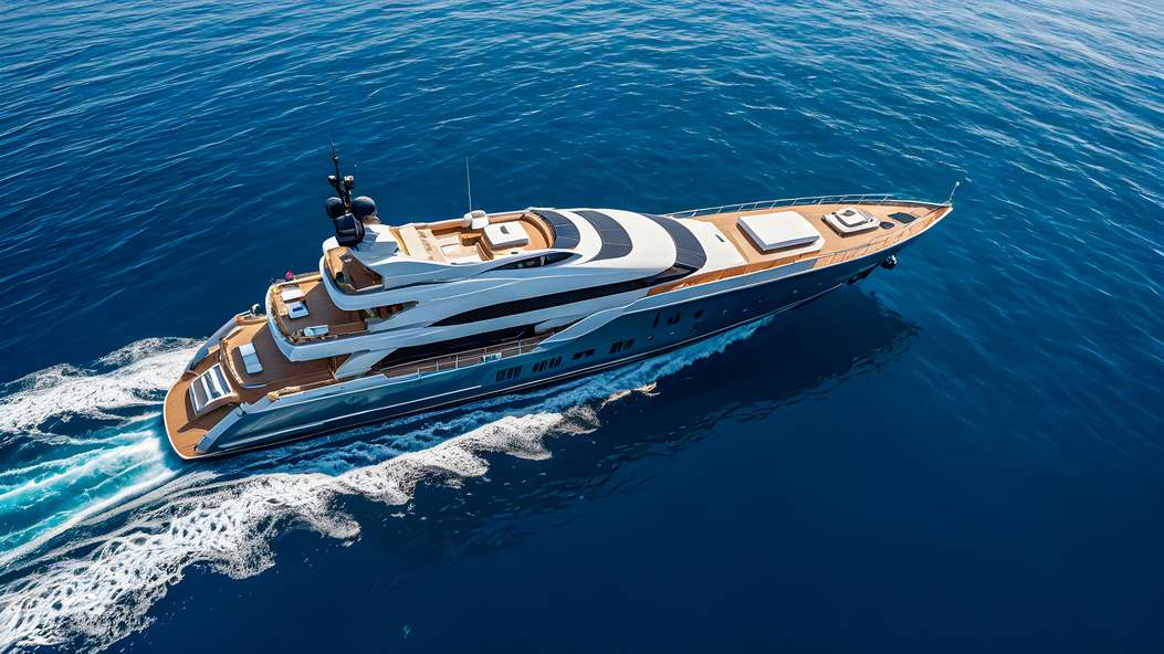 White luxury yacht sailing in ocean. Rich luxury lifestyle, summer pattern, superyacht going fast on calm sea surface. Perfect travel vacation design concept. Recreational transportation.