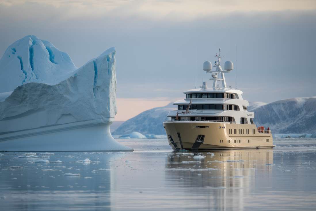 Arctic Circle – A superyacht sailing between icebergs.